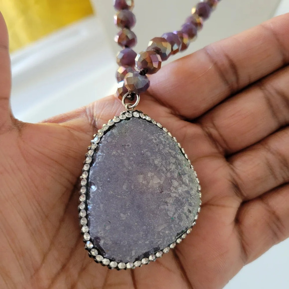 Extended Druzy Stone Beaded Necklace (Purple) - Picture 4 of 5